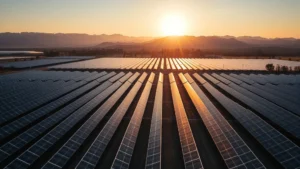 Aerial view of sprawling solar panel farm with mountains in background, golden sunlight reflecting off panels, representing renewable energy infrastructure investment and clean technology deployment
