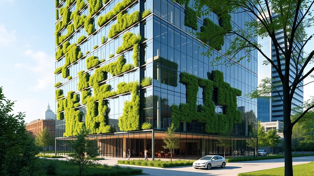 Modern glass office building with vertical gardens and green walls, surrounded by trees and sustainable urban landscape, showing integration of environmental design in economic development