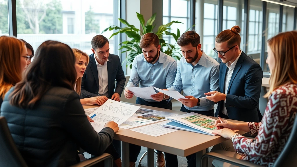 Diverse group of professionals reviewing environmental project documents in contemporary office setting, representing green bond evaluation, impact measurement, and sustainable finance decision-making