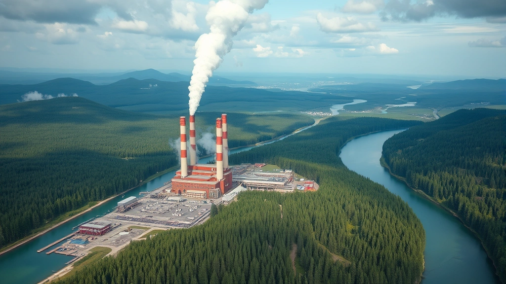 Aerial view of industrial facility with smoke stacks next to pristine forest and river, showing stark contrast between development and nature, photorealistic landscape photography