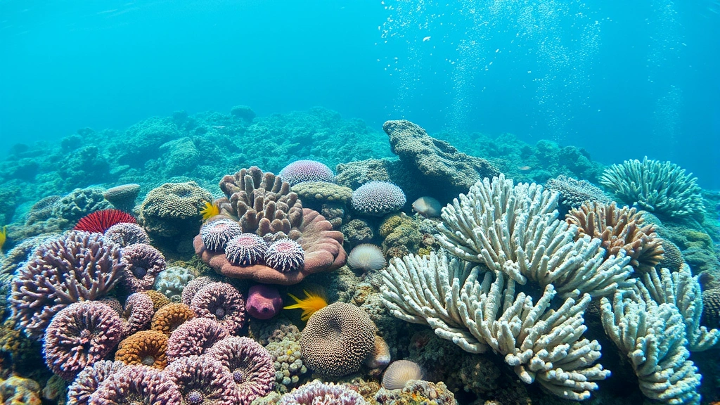 Underwater coral reef ecosystem transitioning to bleached dead coral, marine biodiversity loss visualization, vibrant colors fading to white, ocean photography