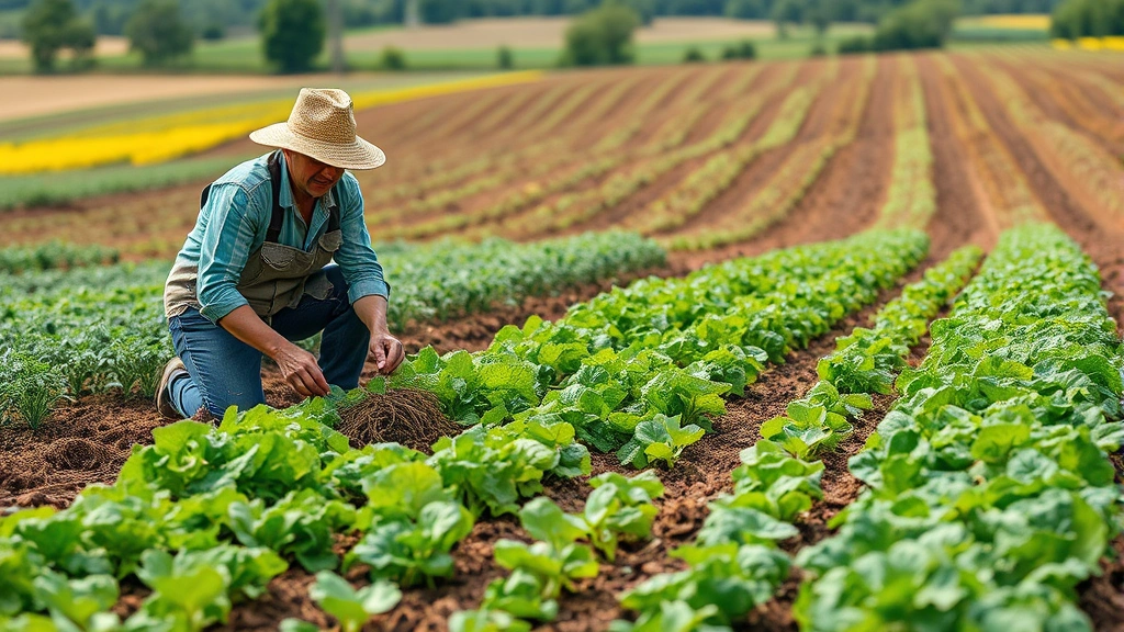 Regenerative farm with diverse crops, healthy soil, farmer working with soil, natural abundance and ecosystem health, agricultural landscape photography