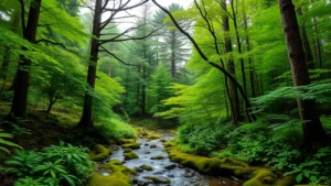 Lush temperate forest with multiple canopy layers, diverse understory vegetation, and healthy stream running through mossy ground, representing intact natural capital and ecosystem services