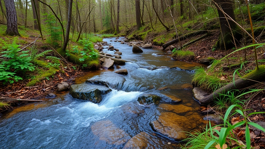 Forest stream ecosystem with clear water flowing through vegetation, representing natural capital and ecosystem services value in natural setting