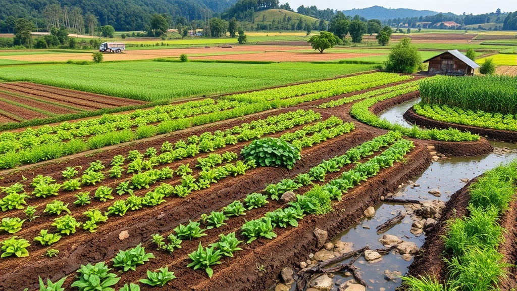 Sustainable farm landscape with diverse crops, green soil, natural water features, and integrated farming practices demonstrating ecological and economic integration together