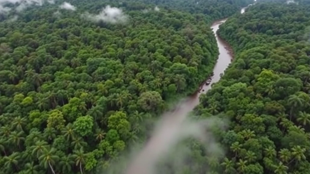Aerial view of a thriving tropical forest canopy with diverse green vegetation layers, morning mist rising between trees, river winding through pristine wilderness, completely natural landscape with no human structures visible