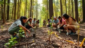 Diverse global community members planting native trees in restored forest clearing with rich soil visible, sunlight filtering through canopy, measuring tape and saplings nearby