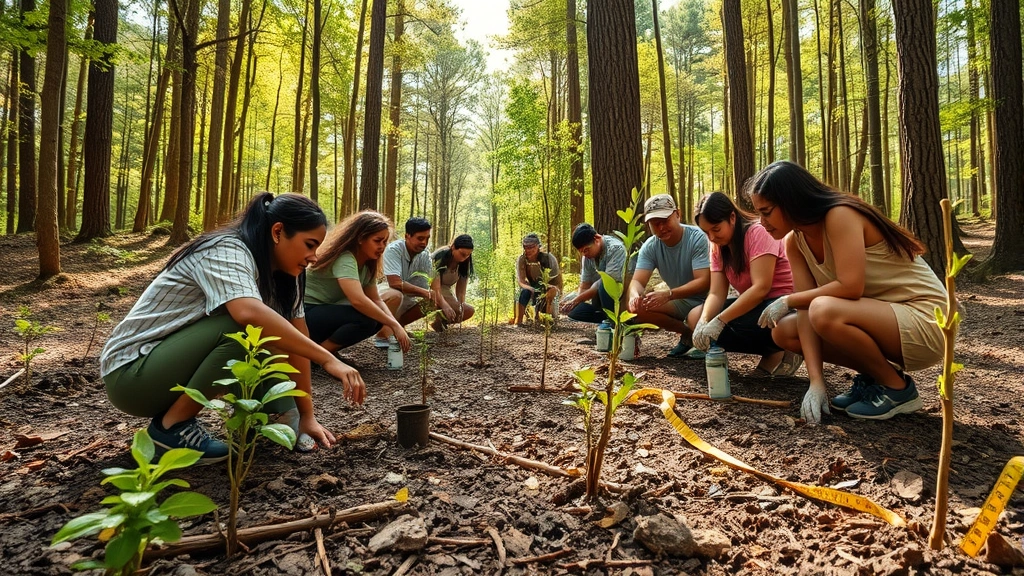 Diverse global community members planting native trees in restored forest clearing with rich soil visible, sunlight filtering through canopy, measuring tape and saplings nearby