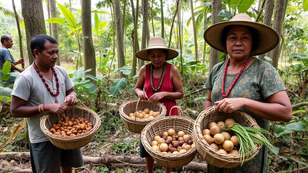 Indigenous community members harvesting sustainable non-timber forest products in a biodiverse tropical forest, showing baskets of nuts and plant materials, natural forest environment with varied vegetation, authentic rural livelihoods