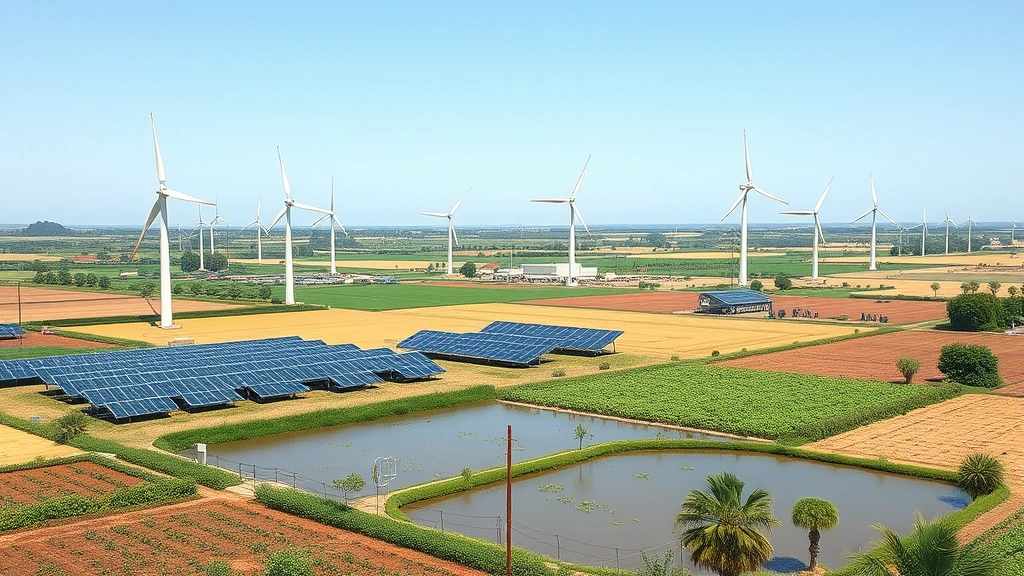 Renewable energy wind turbines and solar panels integrated into agricultural landscape with crop fields, water retention ponds, and diverse vegetation creating productive green economy