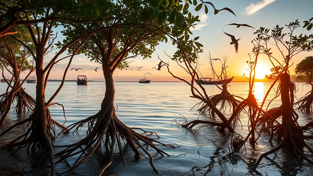 Coastal mangrove forest ecosystem at sunset with aerial roots visible in clear water, birds flying overhead, fishing boats in distance, healthy mangrove canopy, natural coastal landscape demonstrating ecosystem productivity