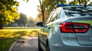Police patrol car parked in urban park with trees and grass visible in background, showing vehicle emissions in morning light with natural habitat surrounding