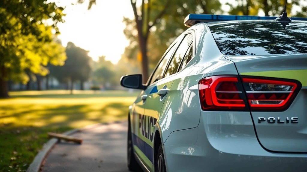 Police patrol car parked in urban park with trees and grass visible in background, showing vehicle emissions in morning light with natural habitat surrounding