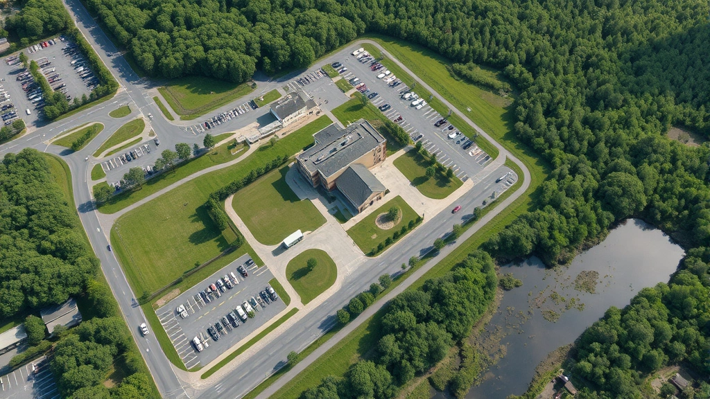 Aerial view of police station facility with surrounding green space, parking lots, and nearby forest or wetland area showing habitat fragmentation patterns