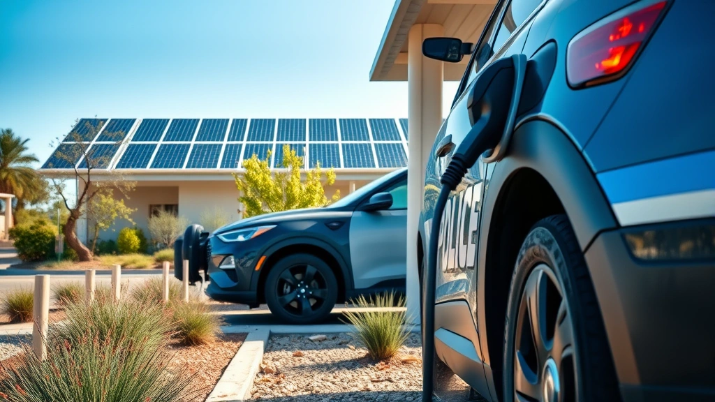 Close-up of electric police vehicle charging at station with solar panels and native vegetation landscaping, demonstrating green policing infrastructure and sustainable design