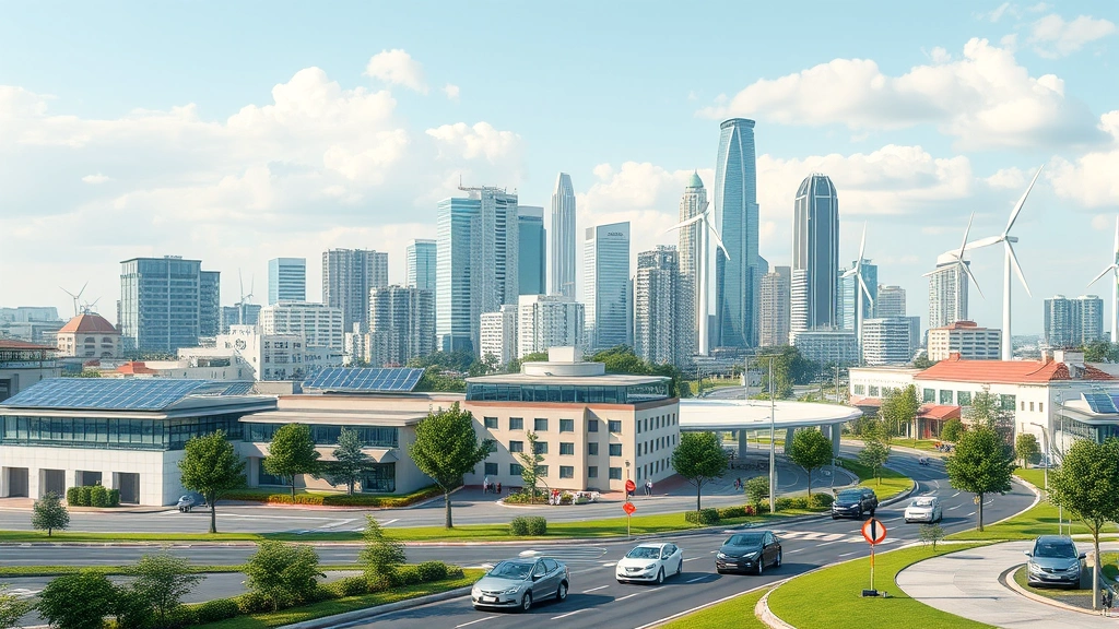 Modern sustainable city skyline with green buildings, solar panels, wind turbines, and electric vehicles on clean streets, representing supportive policy environments for clean economy transition