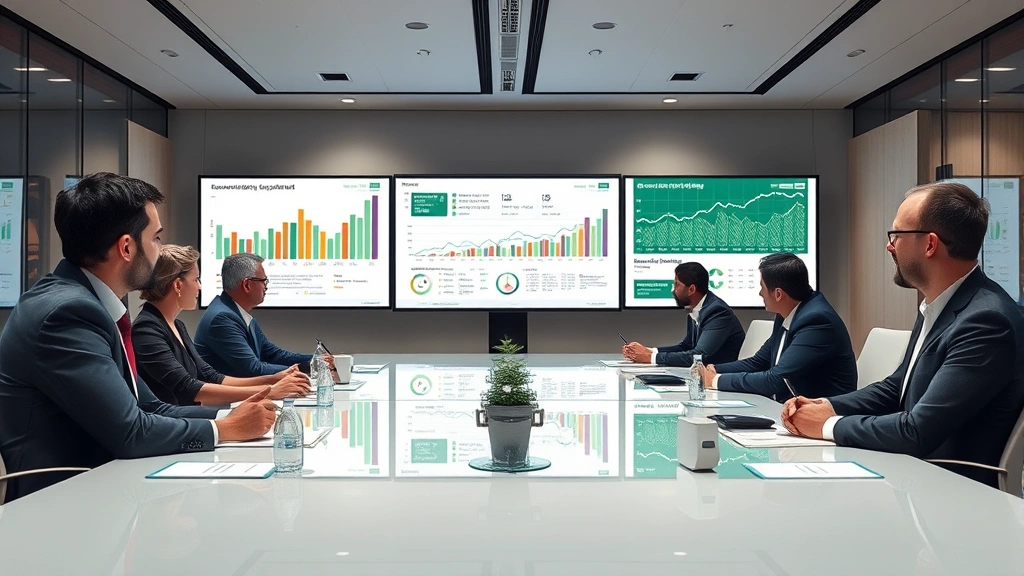 Corporate boardroom with executives reviewing sustainability metrics and economic data on screens, symbolizing business innovation response to environmental policy frameworks