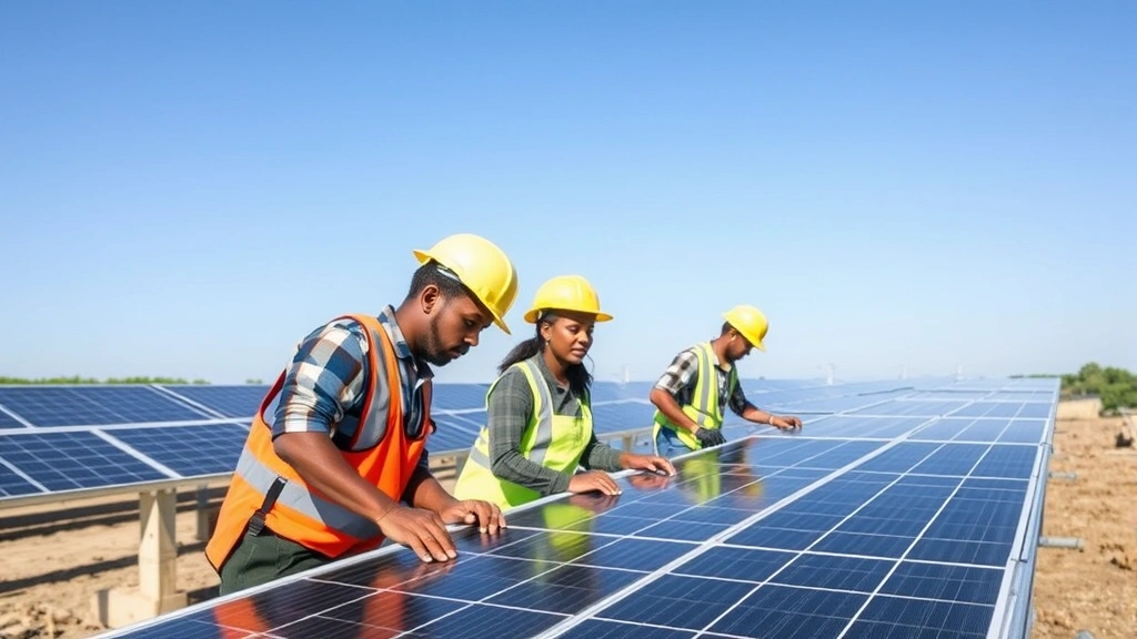 Diverse workers in renewable energy facility installing solar panels, representing job creation and employment dynamics in policy-supported clean energy sectors