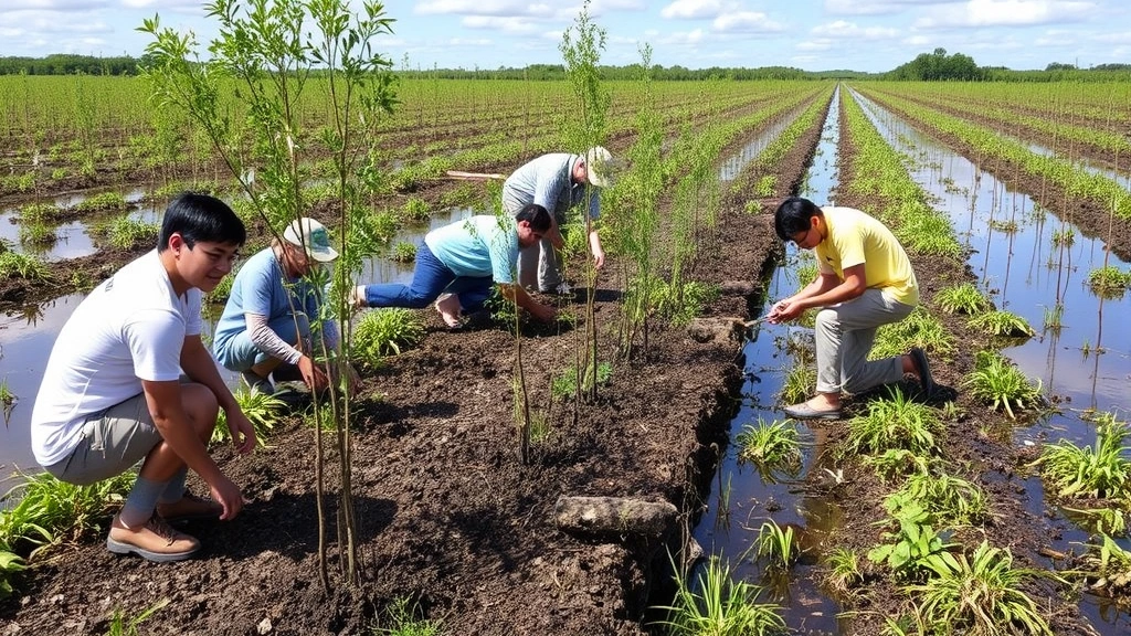 Diverse team of environmental scientists and local workers planting native trees and vegetation in a restored wetland landscape with water channels reflecting sky, demonstrating hands-on ecosystem restoration effort.