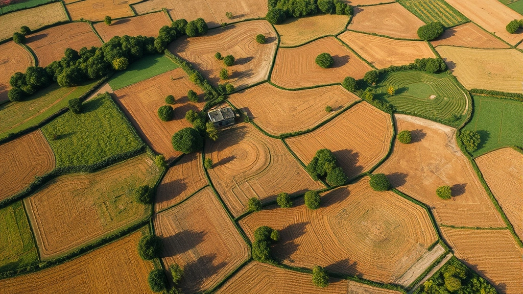 Aerial view of patchwork agricultural landscape with integrated agroforestry systems showing trees interspersed among crop fields, demonstrating sustainable land management practices benefiting soil and biodiversity.