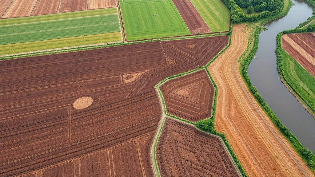 Aerial view of regenerative farm with cover crops, restored soil color contrast showing brown-black healthy earth, diverse crop rotation patterns, green riparian buffer zone, photorealistic agricultural landscape