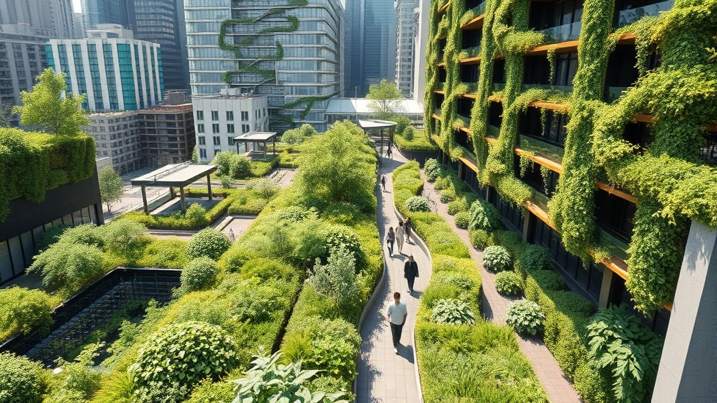 Urban green infrastructure with living walls, rooftop gardens, bioswale water management system, pedestrians among vegetation, city buildings integrated with greenery, natural habitat in dense urban environment, photorealistic contemporary architecture