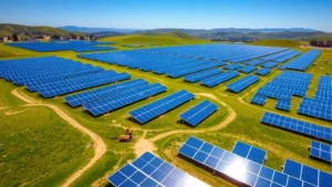Aerial view of sprawling solar panel farm with blue photovoltaic arrays extending across rolling green hills under bright sunshine, workers in safety gear installing equipment, clear blue sky reflecting on panels