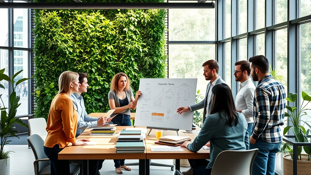 Modern office workspace with employees collaborating around sustainable materials samples, living green walls in background, natural daylight streaming through large windows, diverse team discussing renewable energy diagrams on whiteboard