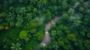Aerial view of lush tropical rainforest canopy with winding river, dense green vegetation, misty atmosphere, vibrant biodiversity visible from above, photorealistic, natural lighting