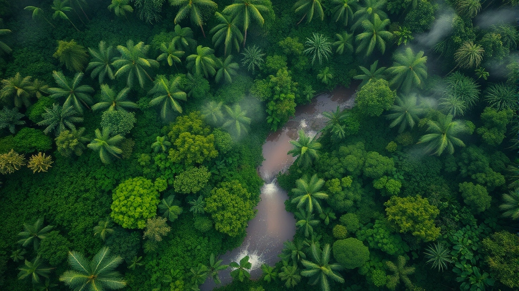 Aerial view of lush tropical rainforest canopy with winding river, dense green vegetation, misty atmosphere, vibrant biodiversity visible from above, photorealistic, natural lighting