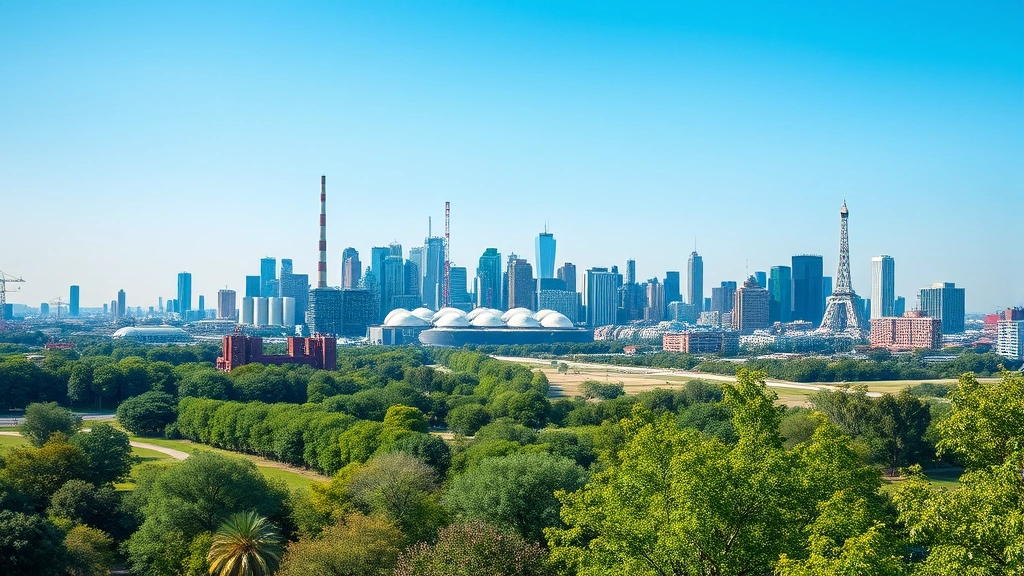 Industrial city skyline with clear blue sky and green parks in foreground, modern buildings alongside natural landscape, clean air quality, environmental restoration visible, photorealistic urban-nature balance