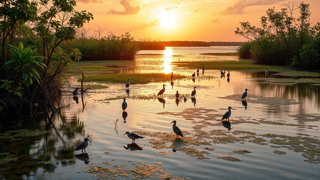 Coastal wetland ecosystem with mangrove trees, shallow water, diverse bird species, natural vegetation, sunset golden lighting, ecosystem services visible, photorealistic nature preservation scene