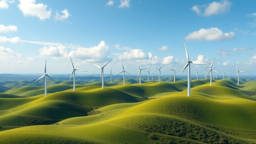 Photorealistic image of a modern wind farm with white turbines spanning across rolling green hills under a blue sky with white clouds, showing the landscape integration of renewable energy infrastructure without any text or labels