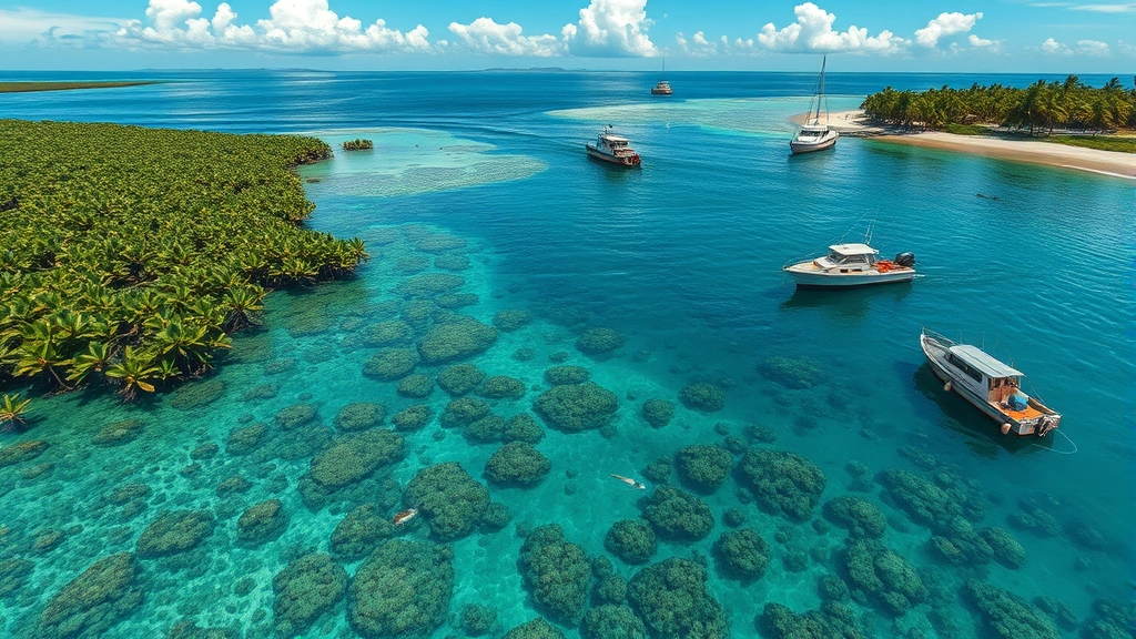Photorealistic image of a thriving coastal ecosystem with mangroves, healthy coral reefs, and marine life alongside sustainable fishing boats and eco-tourism operations