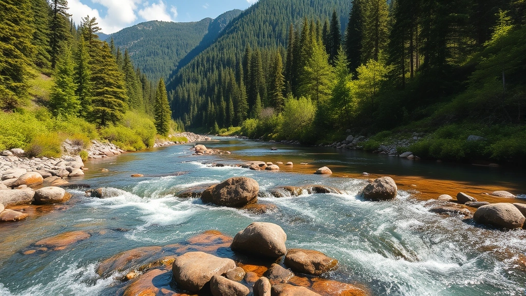 Pristine mountain watershed with flowing water, dense forest vegetation, and clear streams reflecting sunlight, photorealistic natural landscape emphasizing water cycle and ecosystem health