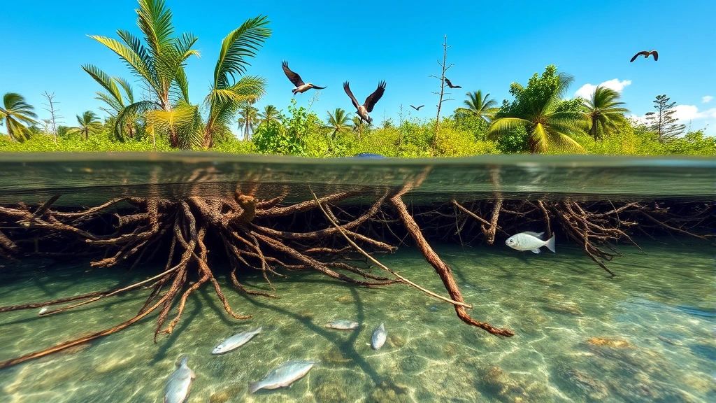 Coastal mangrove ecosystem with root systems visible in shallow water, diverse bird species, fish, and lush vegetation, demonstrating ecosystem richness and natural productivity in tropical environment