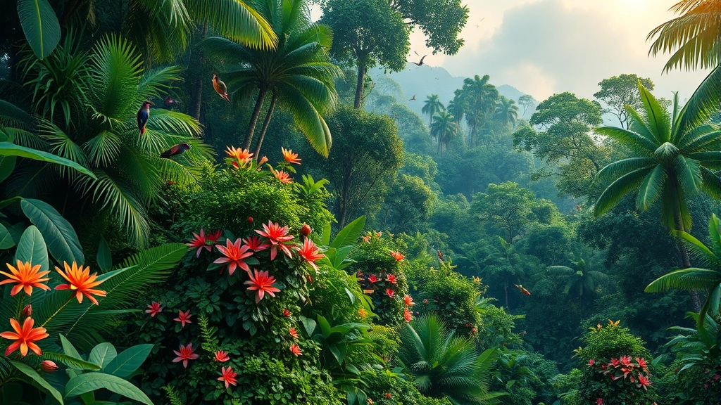 Lush tropical rainforest canopy with diverse bird species, vibrant flowering plants, and dense vegetation layers creating rich ecosystem complexity and biological abundance