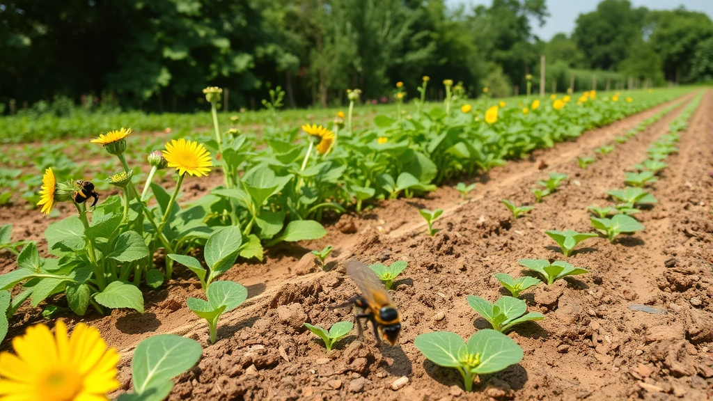 Productive agricultural field with diverse crop varieties, pollinating insects, and healthy soil showing intercropping system generating economic returns through biodiversity