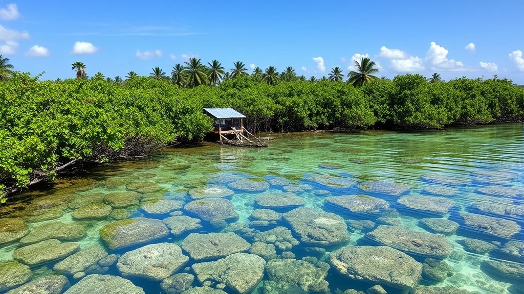 Coastal ecosystem showing healthy mangrove forest with marine life, coral reefs, and diverse wildlife providing climate protection and tourism economic value simultaneously