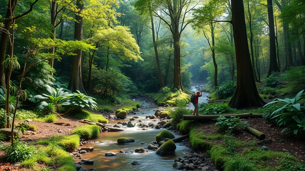 Lush regenerative forest ecosystem with diverse wildlife, clean flowing water, and restored soil—photorealistic thriving nature with subtle human sustainable activity integration