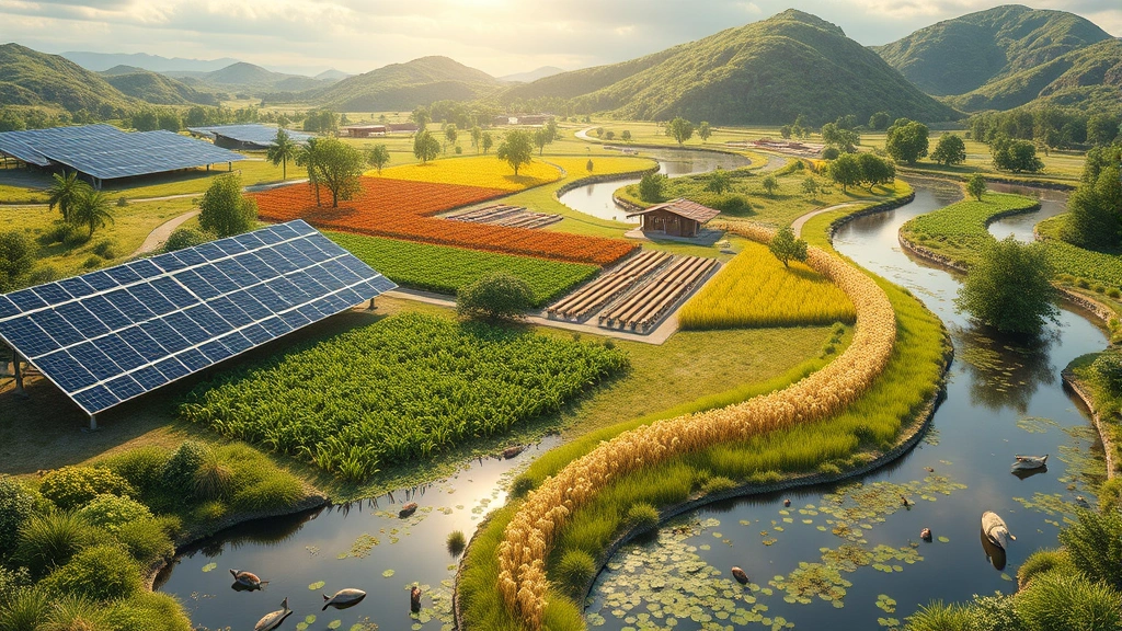 Circular economy visualization showing renewable energy panels, sustainable agriculture, and restored wetlands supporting diverse species—photorealistic sustainable development landscape