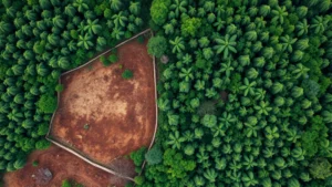 Aerial view of cleared rainforest adjacent to intact forest canopy, showing deforestation boundary, tropical ecosystem, high contrast between green and brown, photorealistic, no text