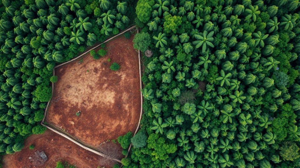 Aerial view of cleared rainforest adjacent to intact forest canopy, showing deforestation boundary, tropical ecosystem, high contrast between green and brown, photorealistic, no text