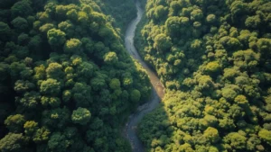 Aerial view of intact rainforest canopy with winding river, sunlight filtering through dense green vegetation, showing ecosystem complexity and biodiversity in natural state