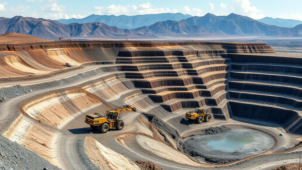 Industrial mining operation with heavy equipment extracting ore from earth, terraced pit mine, barren landscape, mountains in background, environmental degradation visible, photorealistic, no text