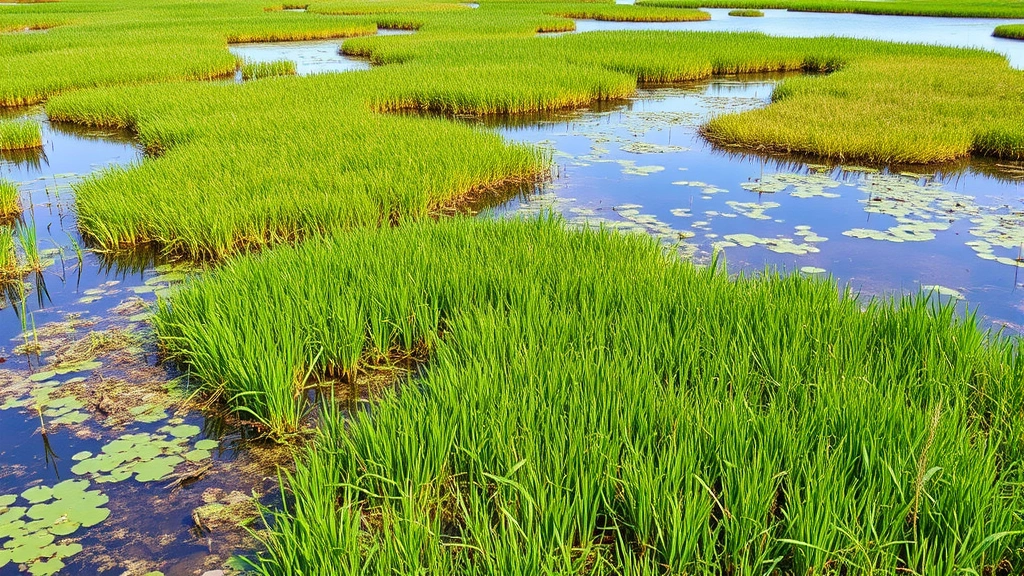 Lush wetland landscape with water, marsh grasses, and wildlife habitat, demonstrating water filtration and flood regulation ecosystem services in natural environment