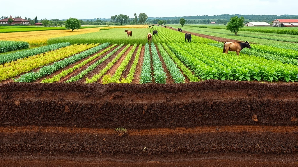 Regenerative farm with diverse crops, livestock grazing, healthy soil visible, vibrant green vegetation, ecological restoration, sustainable agriculture landscape, photorealistic, no text