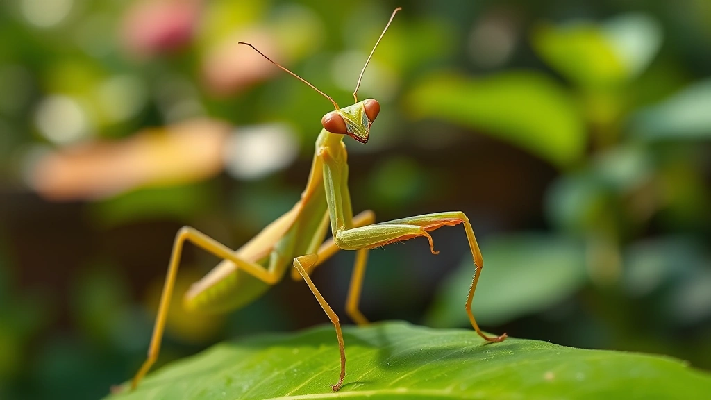 Photorealistic praying mantis in striking pose on green leaf with blurred garden background, natural lighting emphasizing compound eyes and raptorial front legs