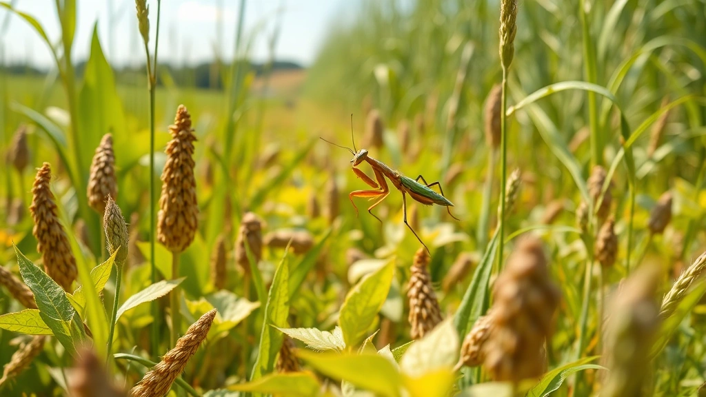 Diverse agricultural field with mantis hunting flying insect among crops, natural sunlight showing ecosystem interaction without text or labels
