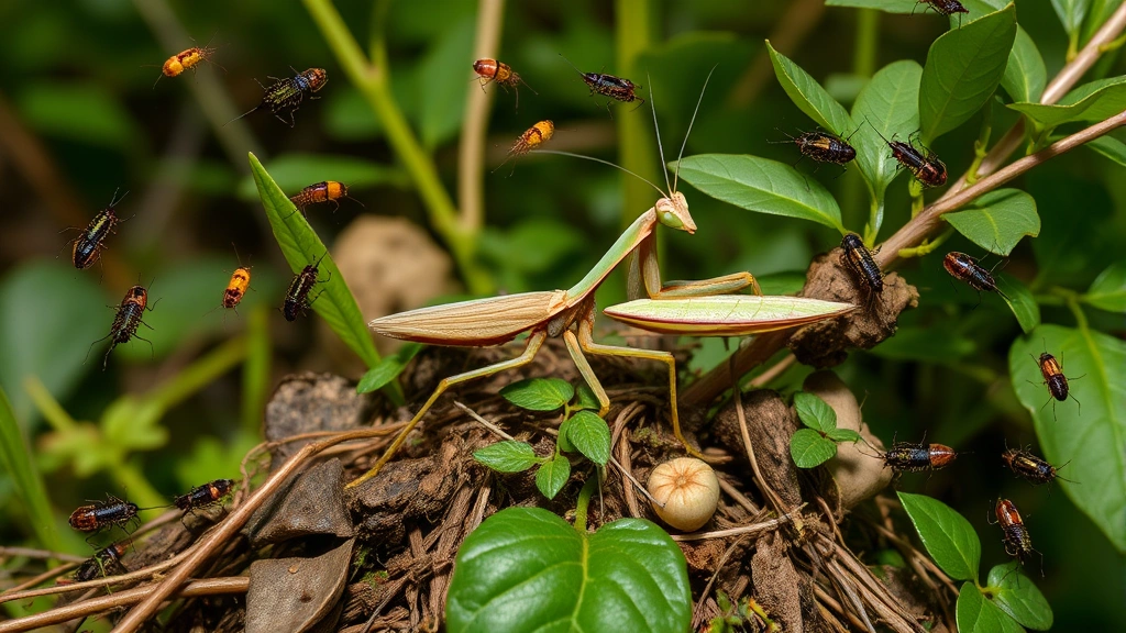 Forest ecosystem showing mantis on vegetation with surrounding arthropods and plants, demonstrating food web relationships in natural habitat